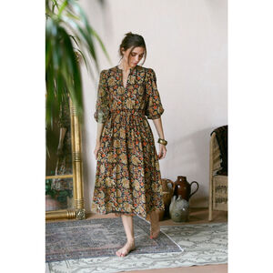Mille Resort & Travel Celeste Sunset Floral Cotton Midi Dress Boho Cottagecore M